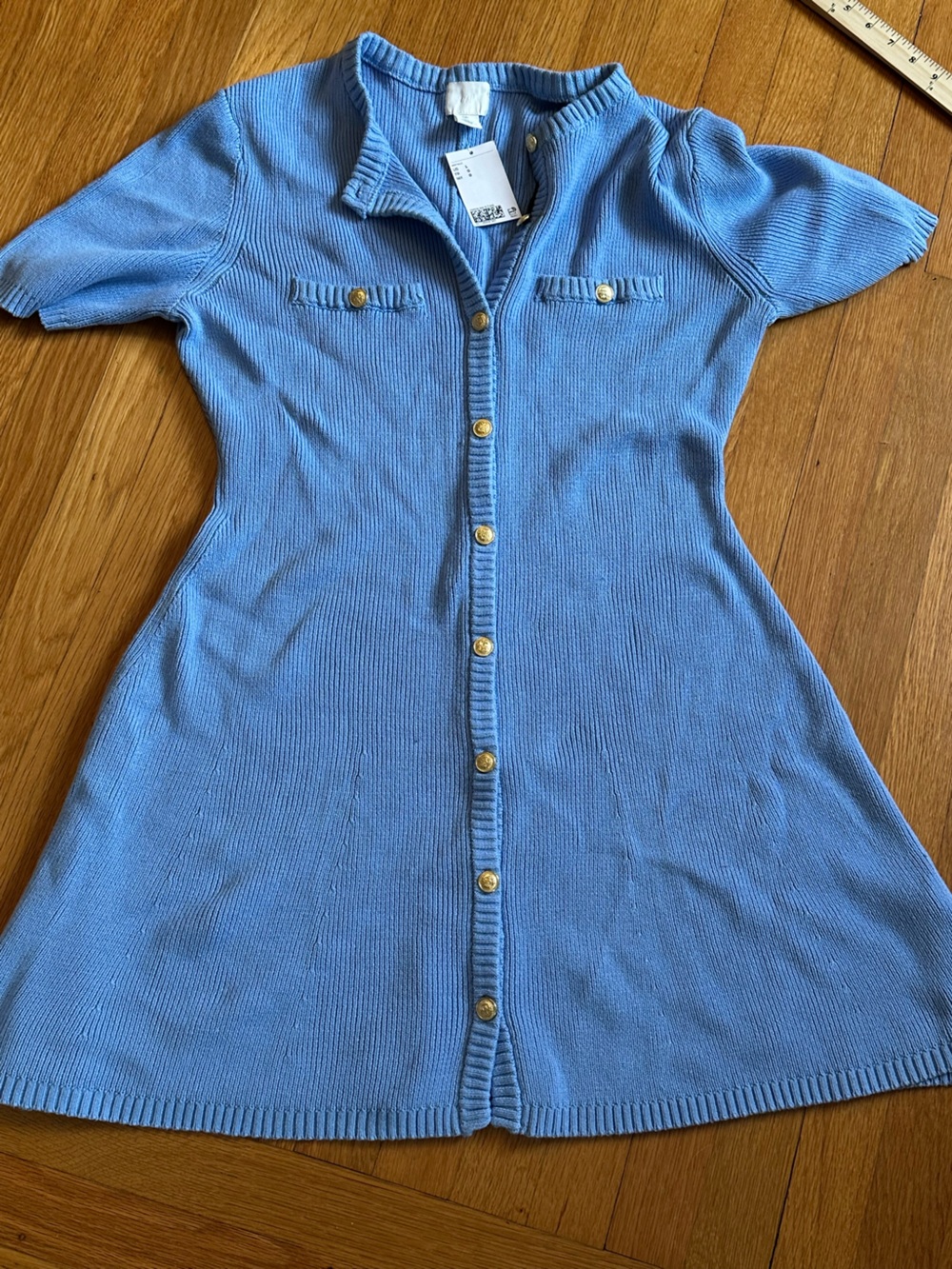 Classic gold toned button front Short Sleeve sweater Dress in Blue Chanel vibes
